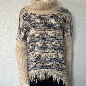 Moon Boho Fringe Turtleneck Sweater S/M Chunky Knit Cream Blue